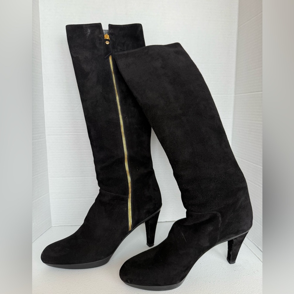 Stuart Weitzman Zipkin Black Suede Knee High 9.5 Gold Side Zipper Duchess $700